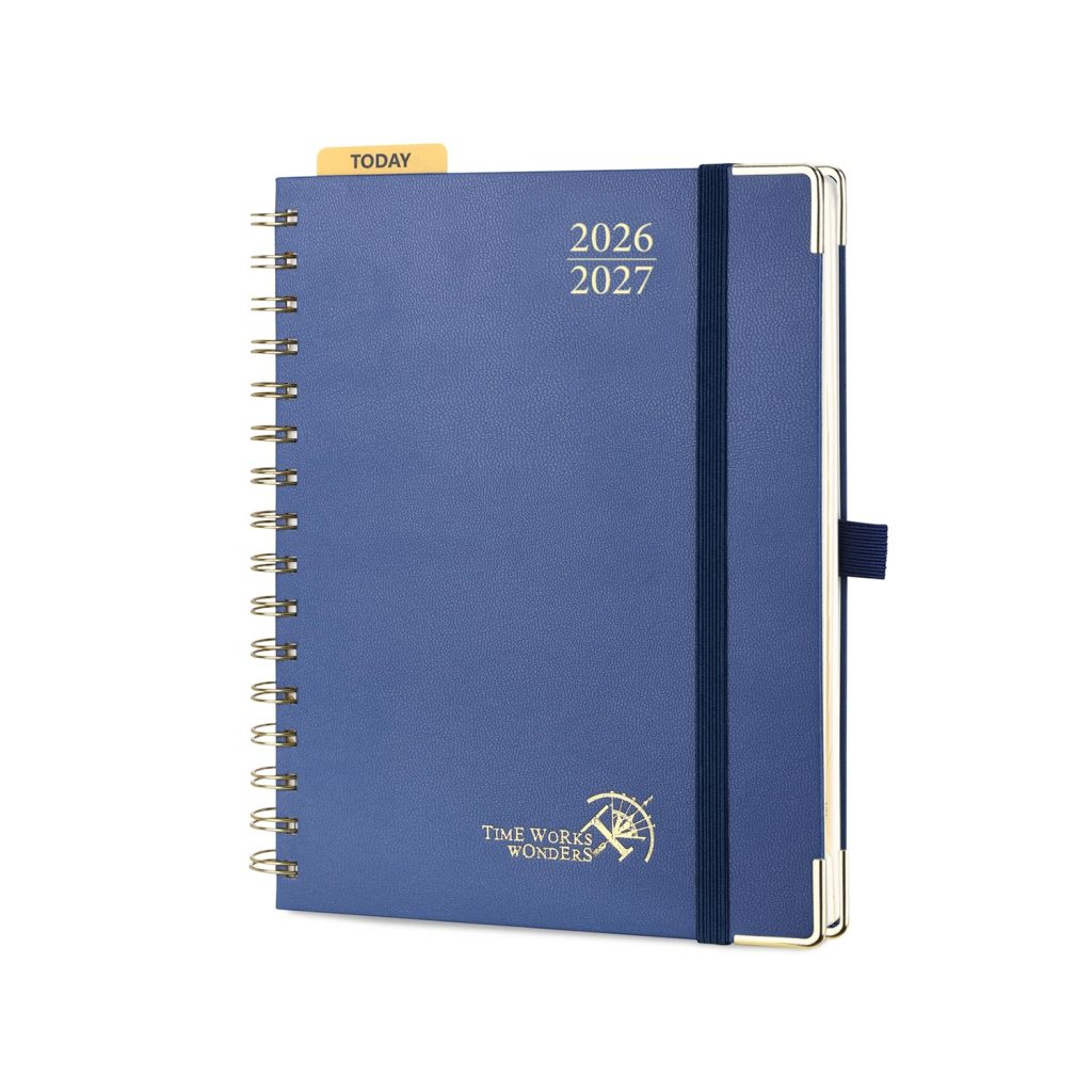 Agenda Semainier POPRUN A5 2026-2027 : Planificateur Vertical Scolaire 17 Mois, Couverture Rigide, Spirale, Règle-Signet, Papier 80g/m², Bleu Marine