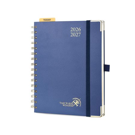 Agenda Semainier POPRUN A5 2026-2027 : Planificateur Vertical Scolaire 17 Mois, Couverture Rigide, Spirale, Règle-Signet, Papier 80g/m², Bleu Marine