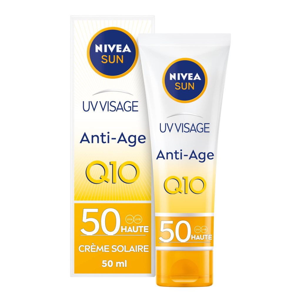 NIVEA SUN Crème UV Visage Anti-Âge Q10 FPS 50 - Protection Solaire UVA/UVB & Lumière Bleue - Prévient Le Vieillissement Cutané - 50 ml