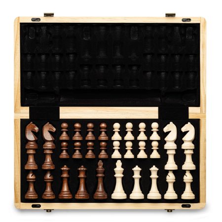 Jeu d'échecs magnétique pliable en bois A&A - 38,1 cm, pièces Staunton 7,6 cm, boîte en pin avec incrustation noyer/érable