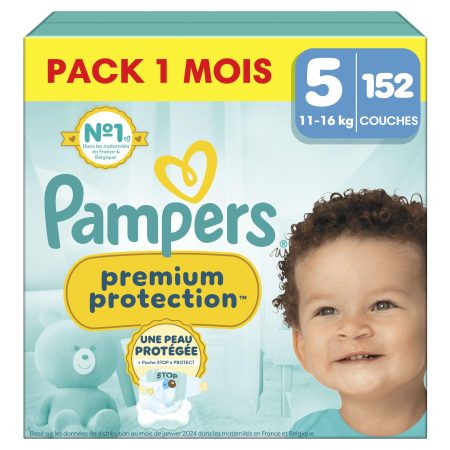 Pampers Premium Protection Taille 5 : 152 Couches pour Bébé (11-16kg) - Double Protection & Poche Stop & Protect