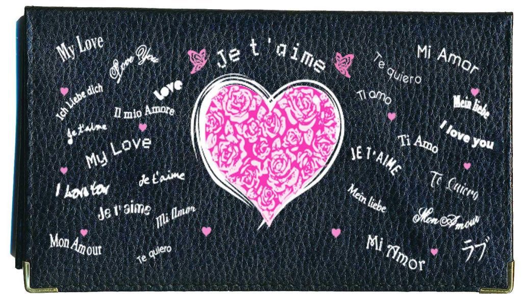 Syl'la Amour Fleur Rose - Porte-Chéquier Élégant en Cuir de Vachette Noir pour Femme