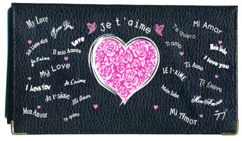 Syl'la Amour Fleur Rose - Porte-Chéquier Élégant en Cuir de Vachette Noir pour Femme