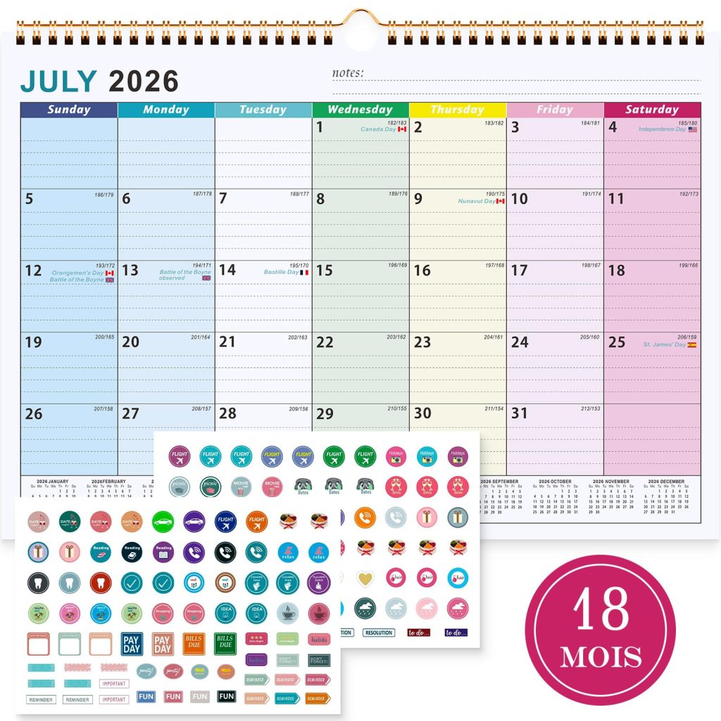 Calendrier Familial Mural A4 2026-2027 : Organiseur Mensuel avec Bobine et Autocollants de Planification