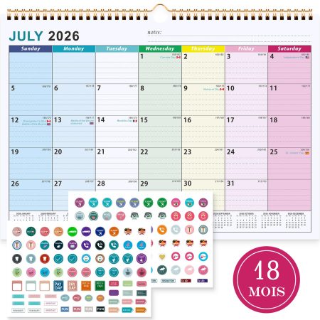 Calendrier Familial Mural A4 2026-2027 : Organiseur Mensuel avec Bobine et Autocollants de Planification