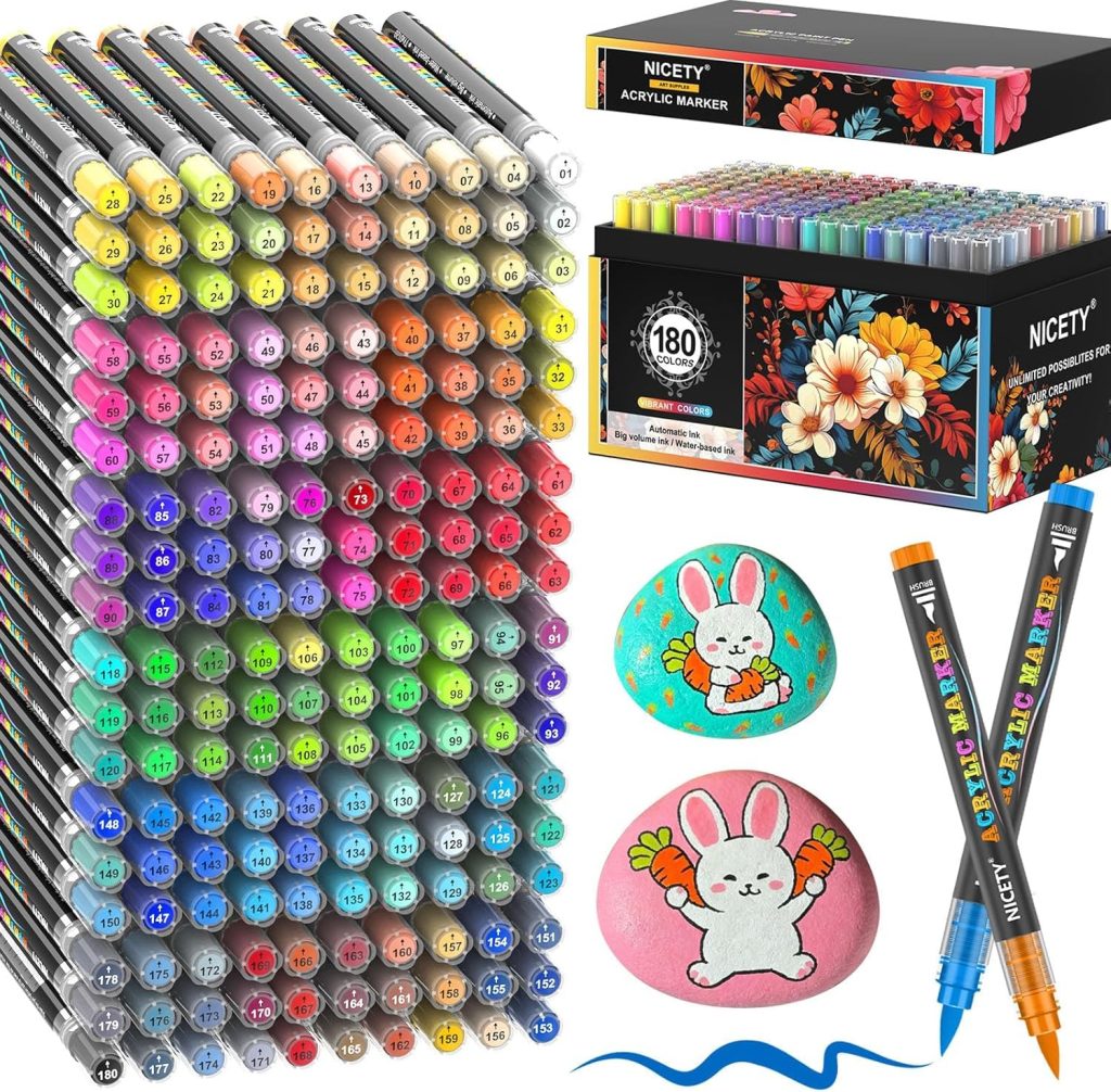 NICETY 180 Feutres Acryliques Pointe Pinceau Multi-Supports pour Artistes et Débutants