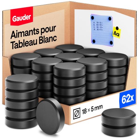 GAUDER Aimants Puissants pour Tableau Blanc et Réfrigérateur - Disques Magnétiques Noirs 18 x 5 mm (62 pièces)