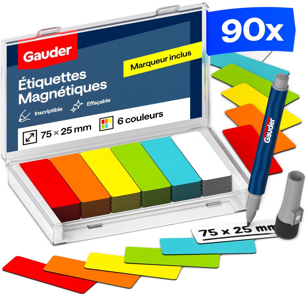 GAUDER Étiquettes Magnétiques Inscriptibles 75x25 mm | Cartes Effaçables pour Tableaux Kanban et Blancs