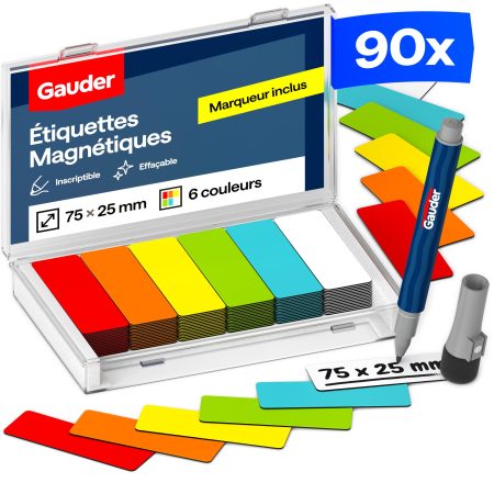 GAUDER Étiquettes Magnétiques Inscriptibles 75x25 mm | Cartes Effaçables pour Tableaux Kanban et Blancs