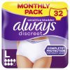 Always Discreet Culottes Incontinence Femme Taille L - 32 Unités + 6 Offertes - Protection Très Absorbante pour Fuites Urinaires Importantes et Post-Accouchement