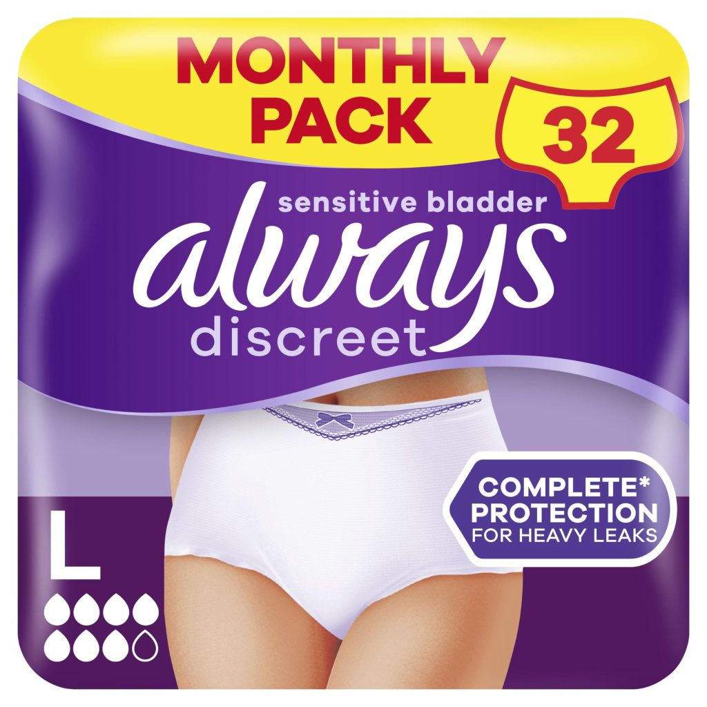 Always Discreet Culottes Incontinence Femme Taille L - 32 Unités + 6 Offertes - Protection Très Absorbante pour Fuites Urinaires Importantes et Post-Accouchement