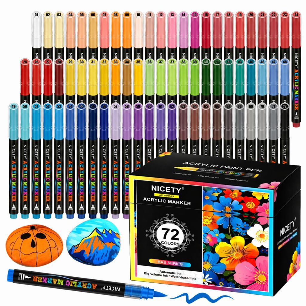 NICETY 72 Feutres Acryliques à Pointe Pinceau - Marqueurs Peinture Multi-Supports pour Artistes et Débutants