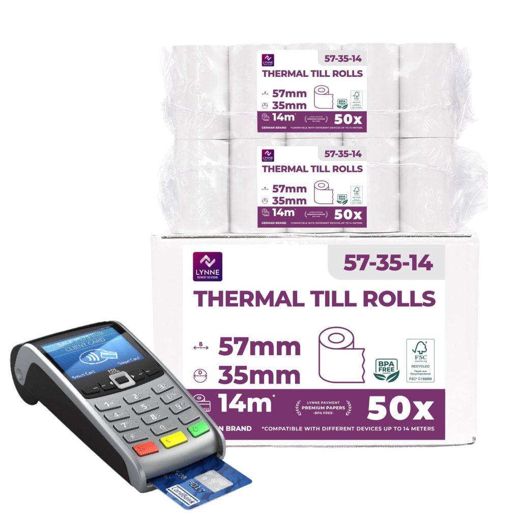 Rouleaux TPE Thermiques LYNNE - Lot de 50 Bobines pour Terminal de Paiement CB - 57x35x12mm - Sans BPA