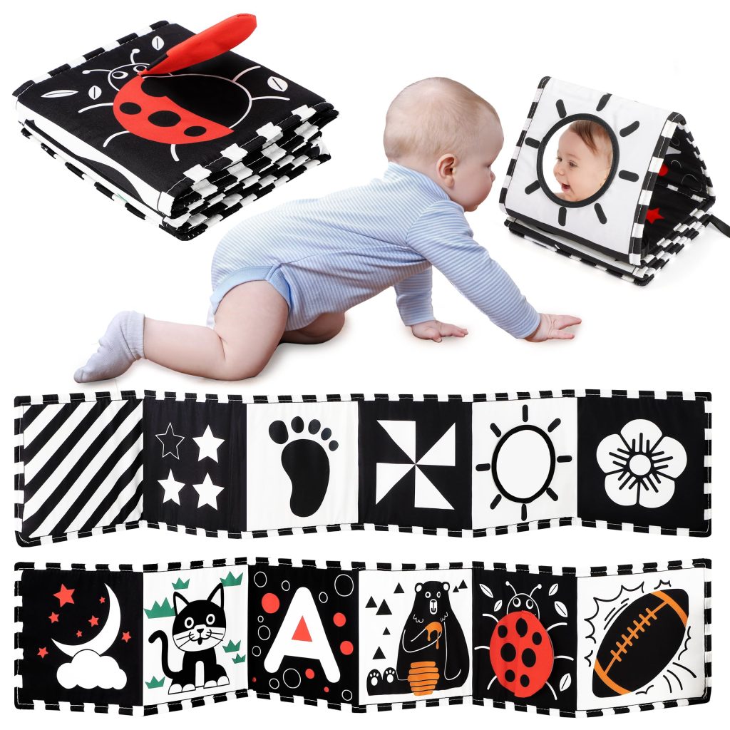 URMYWO Livre Tissu Bébé Montessori 0-12 Mois - Livre Sensoriel Noir et Blanc Éveil Visuel et Motricité