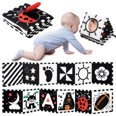URMYWO Livre Tissu Bébé Montessori 0-12 Mois - Livre Sensoriel Noir et Blanc Éveil Visuel et Motricité