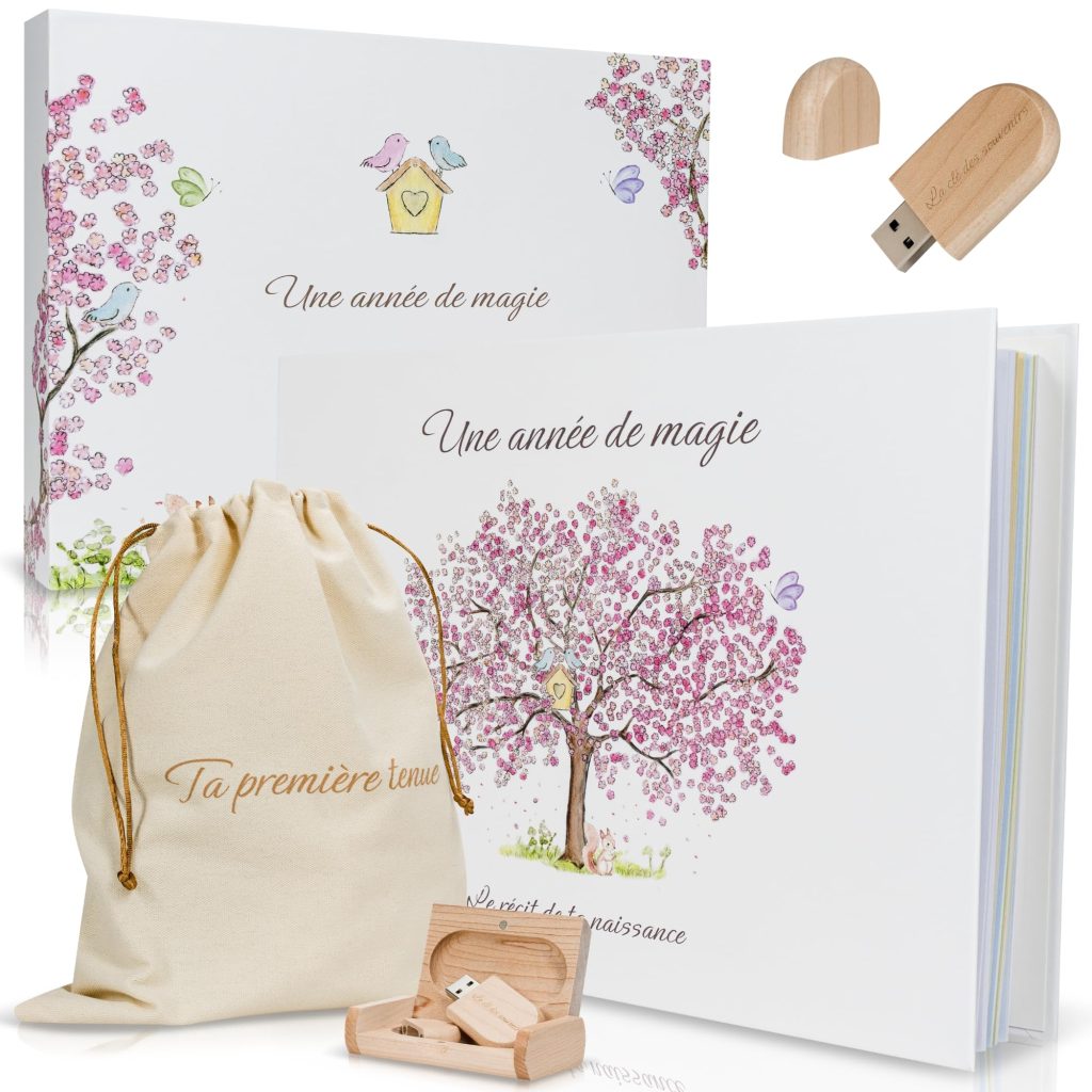 Livre de naissance bébé avec clé USB et pochon – Album photo souvenirs numérique et première tenue, idéal cadeau naissance fille et garçon