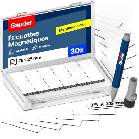 GAUDER Étiquettes Magnétiques Inscriptibles 75 x 25 mm - Effaçables pour Tableaux Kanban et Blanc