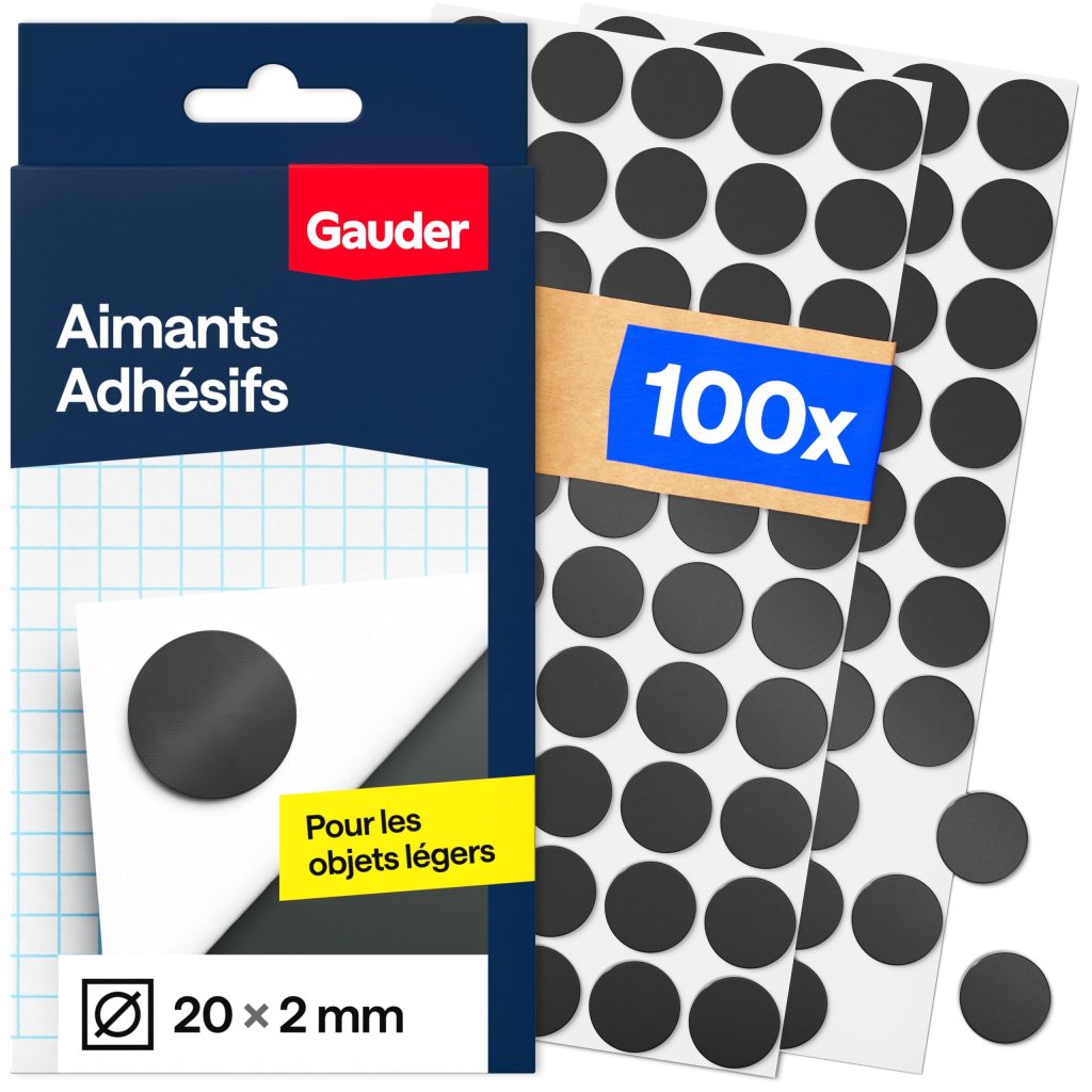 GAUDER Aimants Adhésifs Ronds - Disques Magnétiques Autocollants pour Photos, Cartes et DIY - Lot de 100 (20 x 2 mm)